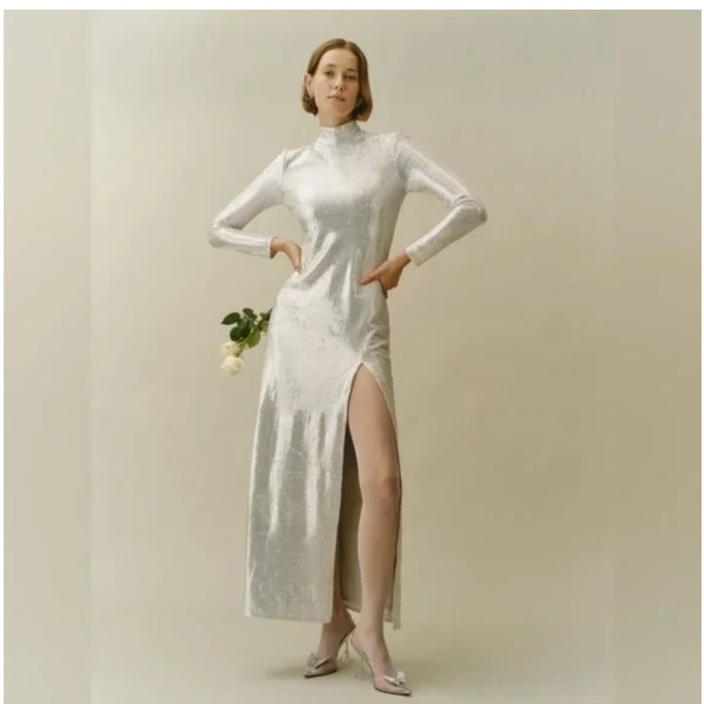 Reformation NWT Talicia Silver Sparkle Sequin Long Sleeves Maxi Dress